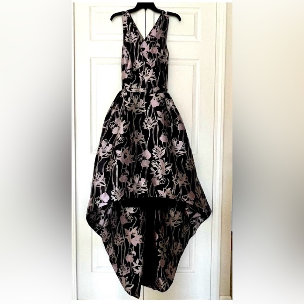 Monique Lhuillier Black and Pink High Low Dress with pockets